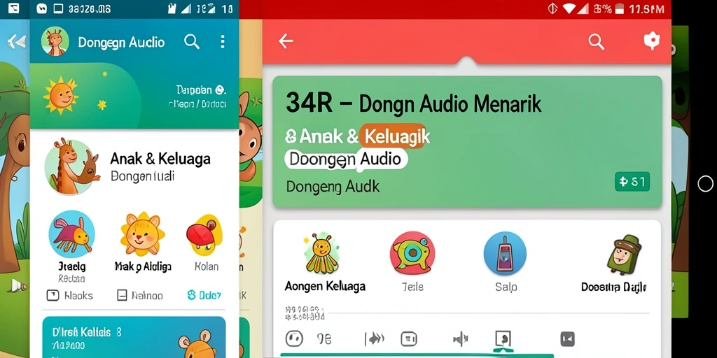 Tampilan antarmuka aplikasi Dongeng Audio 34R yang menarik dan ramah anak.