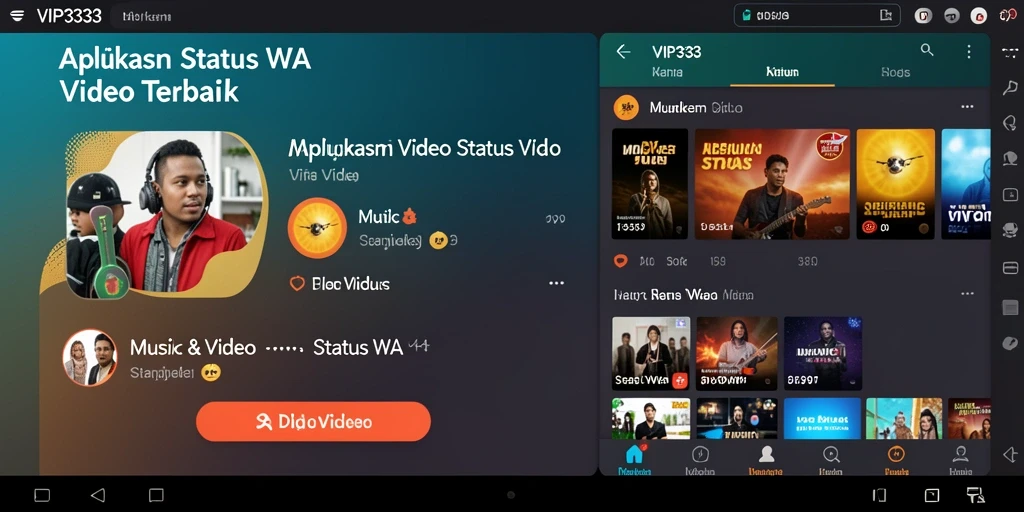 Antarmuka aplikasi VIP333 dengan berbagai pilihan video untuk status.